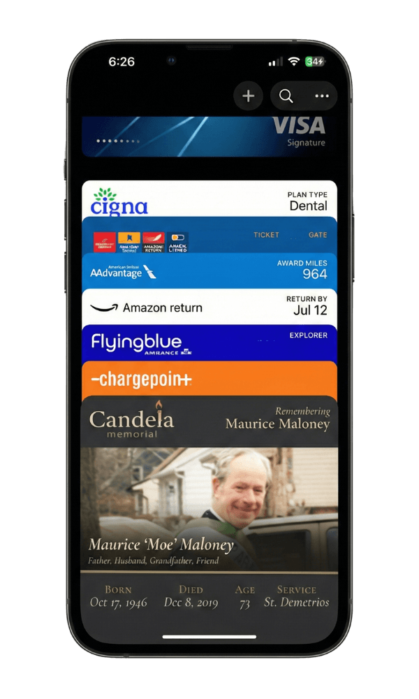Candela prayer card for Maurice 'Moe' Maloney shown inside Apple Wallet alongside other passes