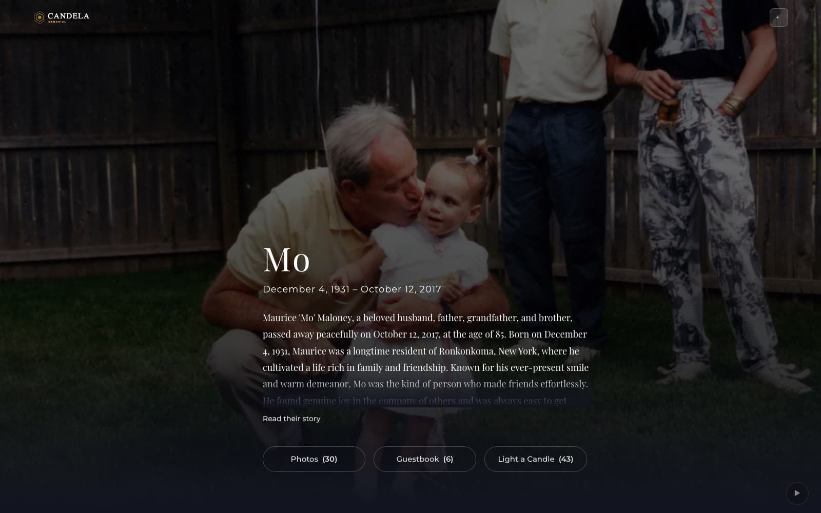 A Candela memorial page in the Celebration theme: a family photograph at golden hour behind the person's name and dates, with places to view photos, sign the guestbook, and light a candle.