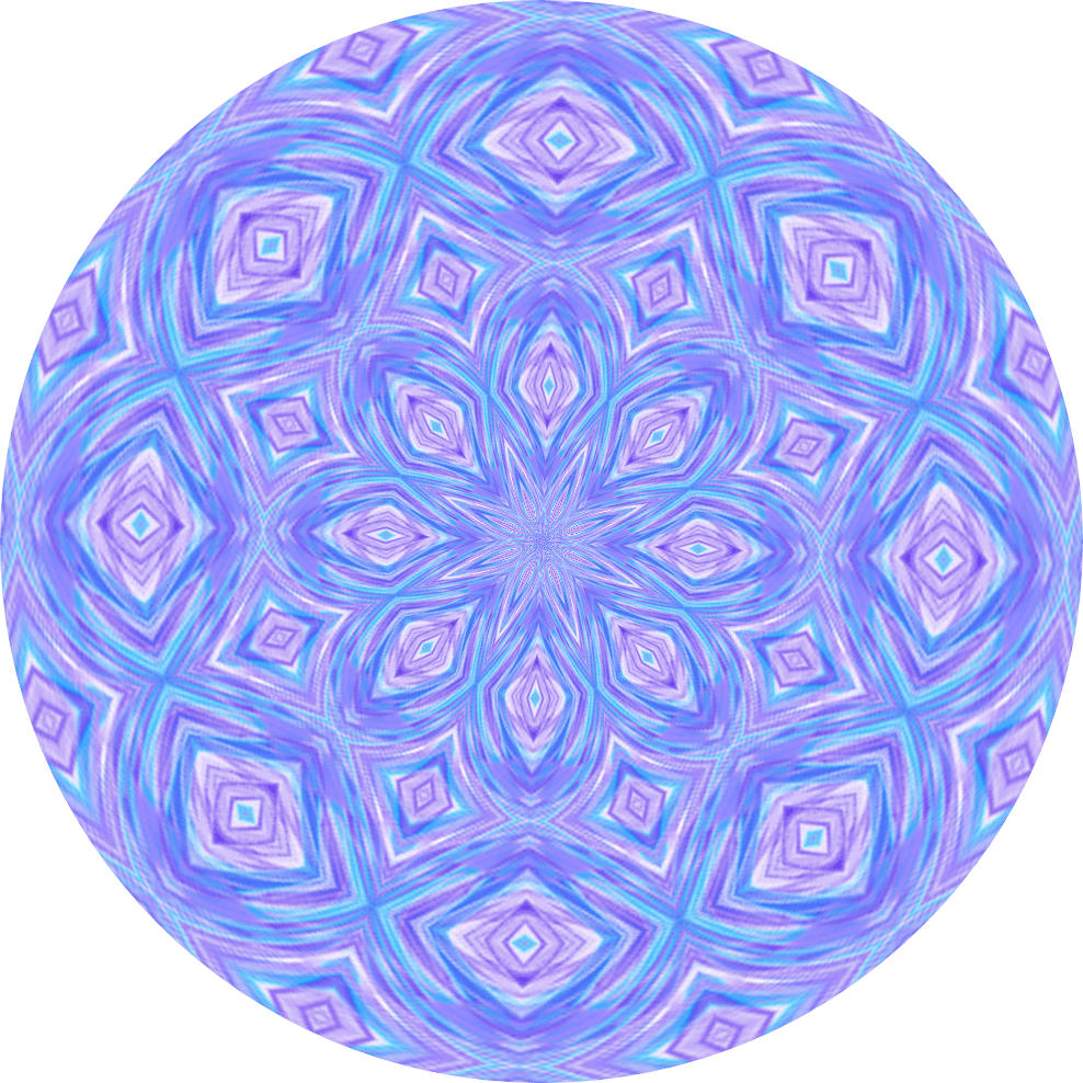 A circular, kaleidoscopic pattern with repeating geometric shapes in shades of blue and purple on a white background.