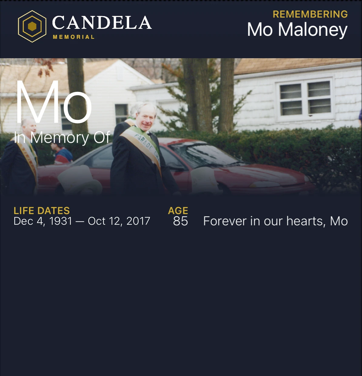 Mo Maloney's Candela memorial card, with his photo, his name, and his dates.